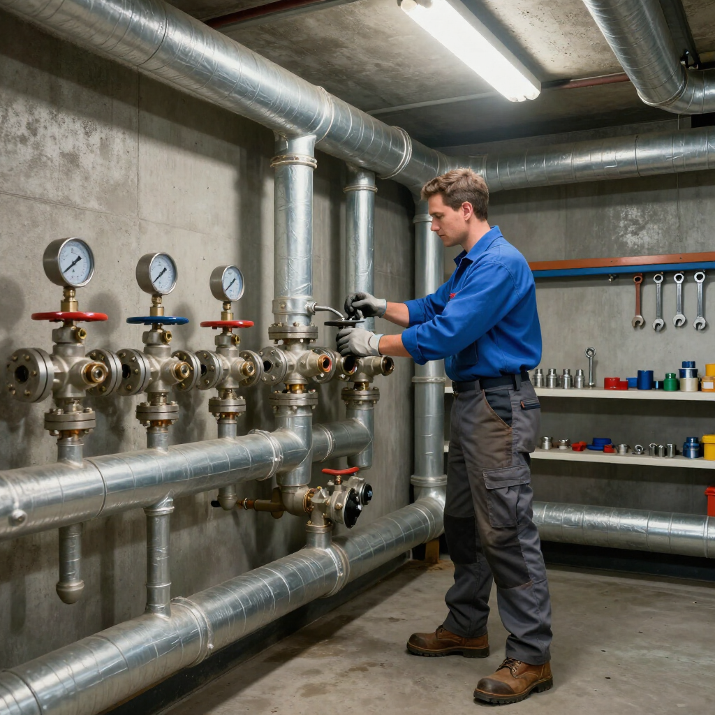 commercial plumbing services from Gainesville Plumbing with knobs and commercial plumbing equipment. Plumber in blue shirt