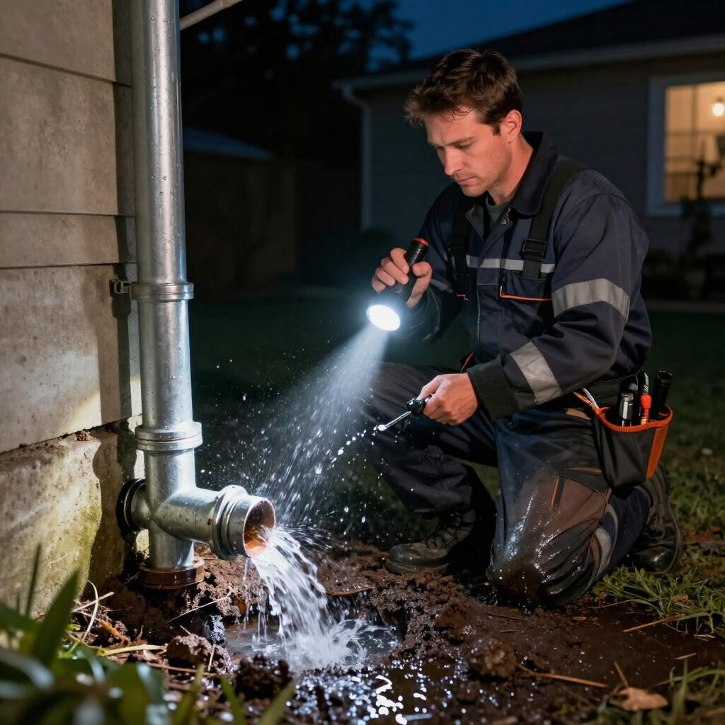 after hours plumbing repair service by gainesville plumbing. a plumber with flashlight in evening outside of a customer house