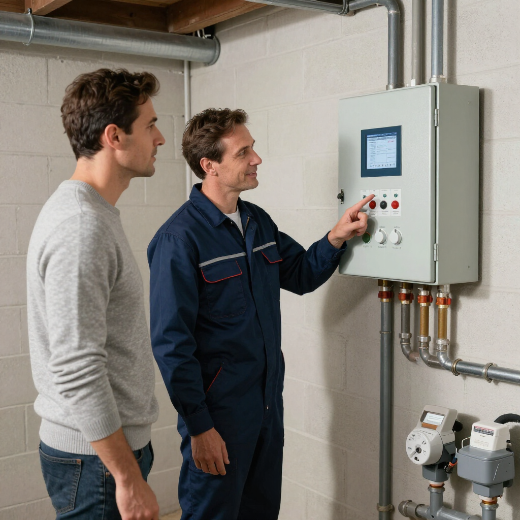 a gainesville plumbing technician showing a customer his well pump equipment in the basement of a house