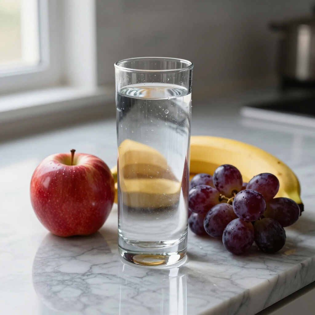 clean water in a glass next to fresh fruit after receiving a whole home water filtration system installed in gainesville ga
