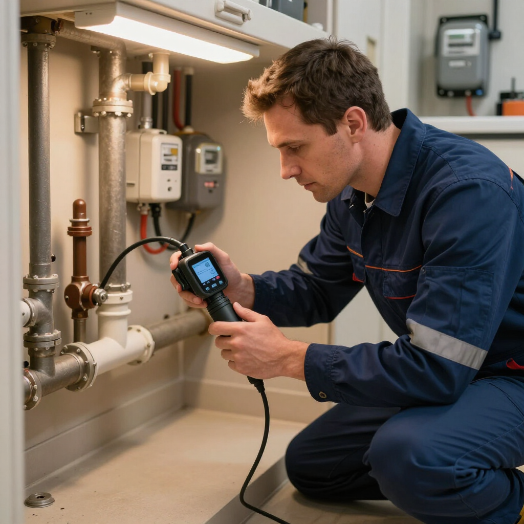 plumber in a blue uniform holding a device to measure plumbing data up against pipes in a customer's basement