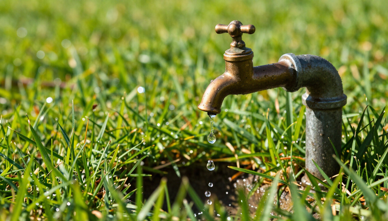 Leaking outdoor spigot during a sunny summer day