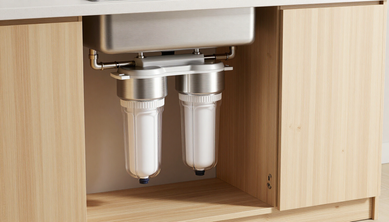 Modern water filtration system installed under a kitchen sink