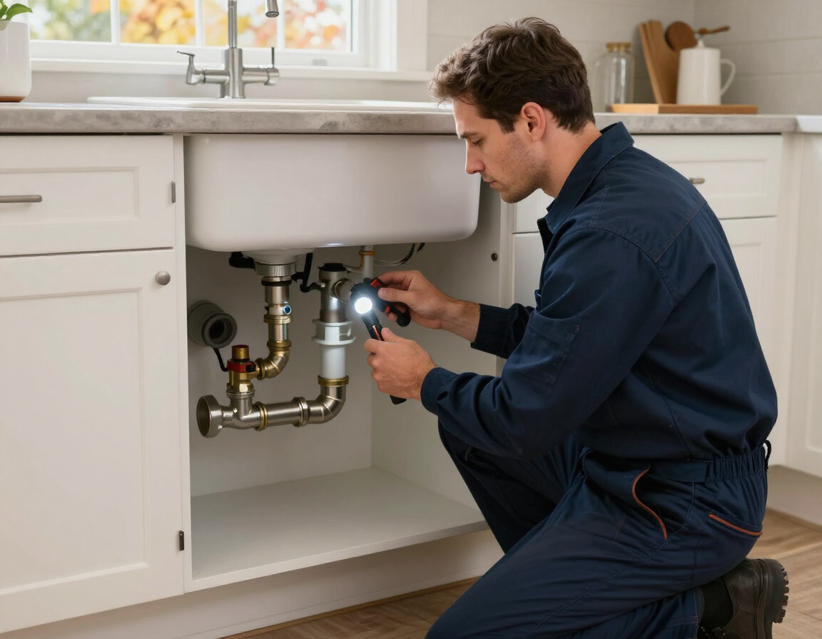 Technician checking plumbing pipes and drain lines in a home