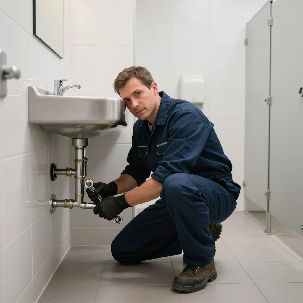 gainesville plumbing plumber diagnosing a commercial business bathroom sink in front of bathroom stalls in a blue uniform