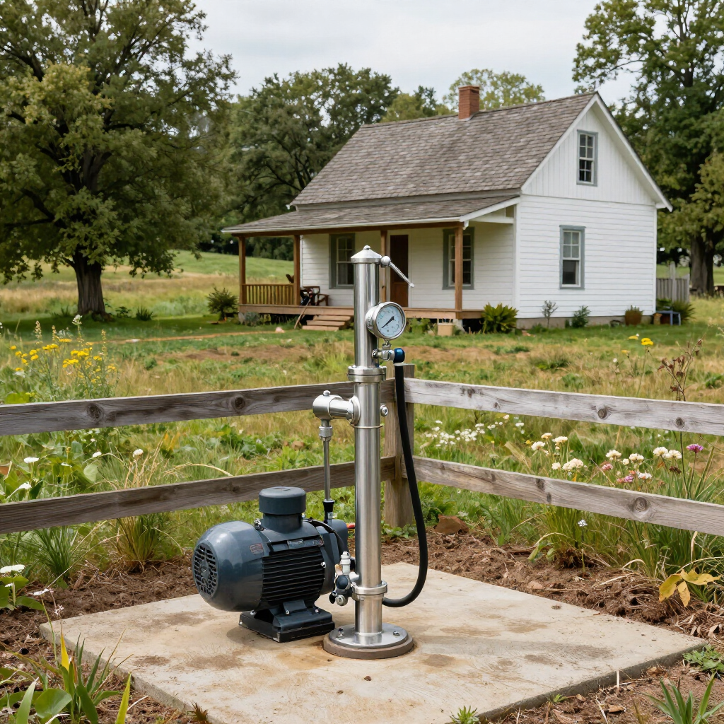 service areas for Gainesville Plumbing with well pump outside of small white cottage house with trees and grass in background