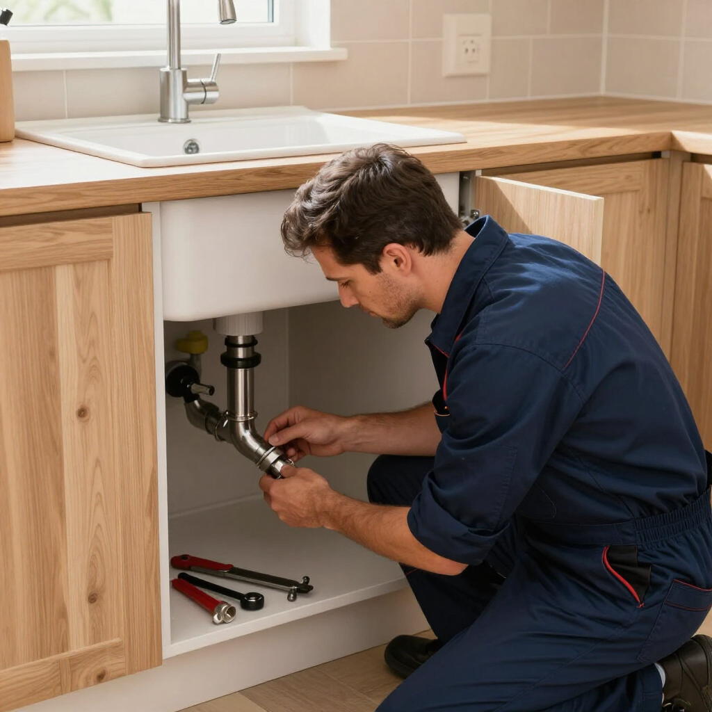 Gainesville Plumbing plumber with brown hair working on a residential customers white farm sink with brown wooden cabinets