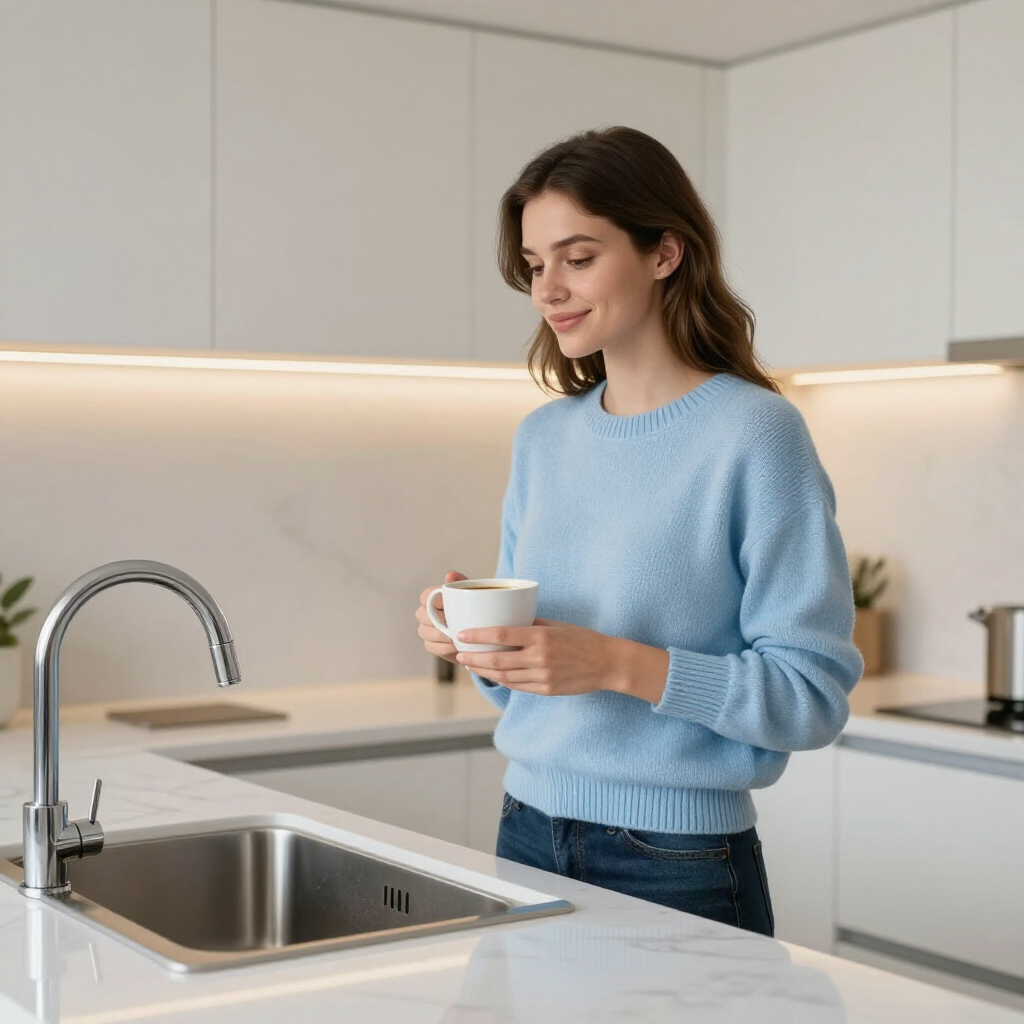 female customer in blue sweater holding a coffee mug with fresh water in front of a repaired sink