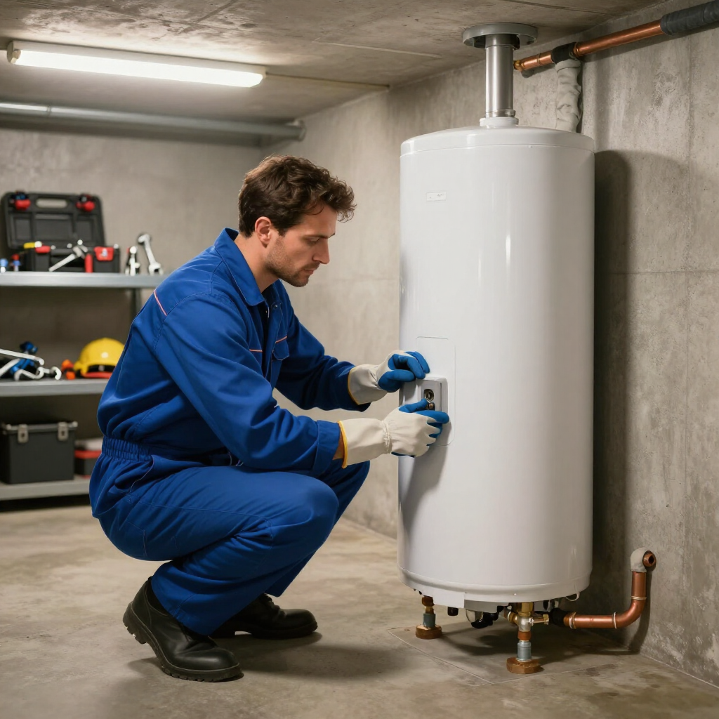 residential plumbing hot water heater repair by a gainesville plumbing technician in a blue uniform