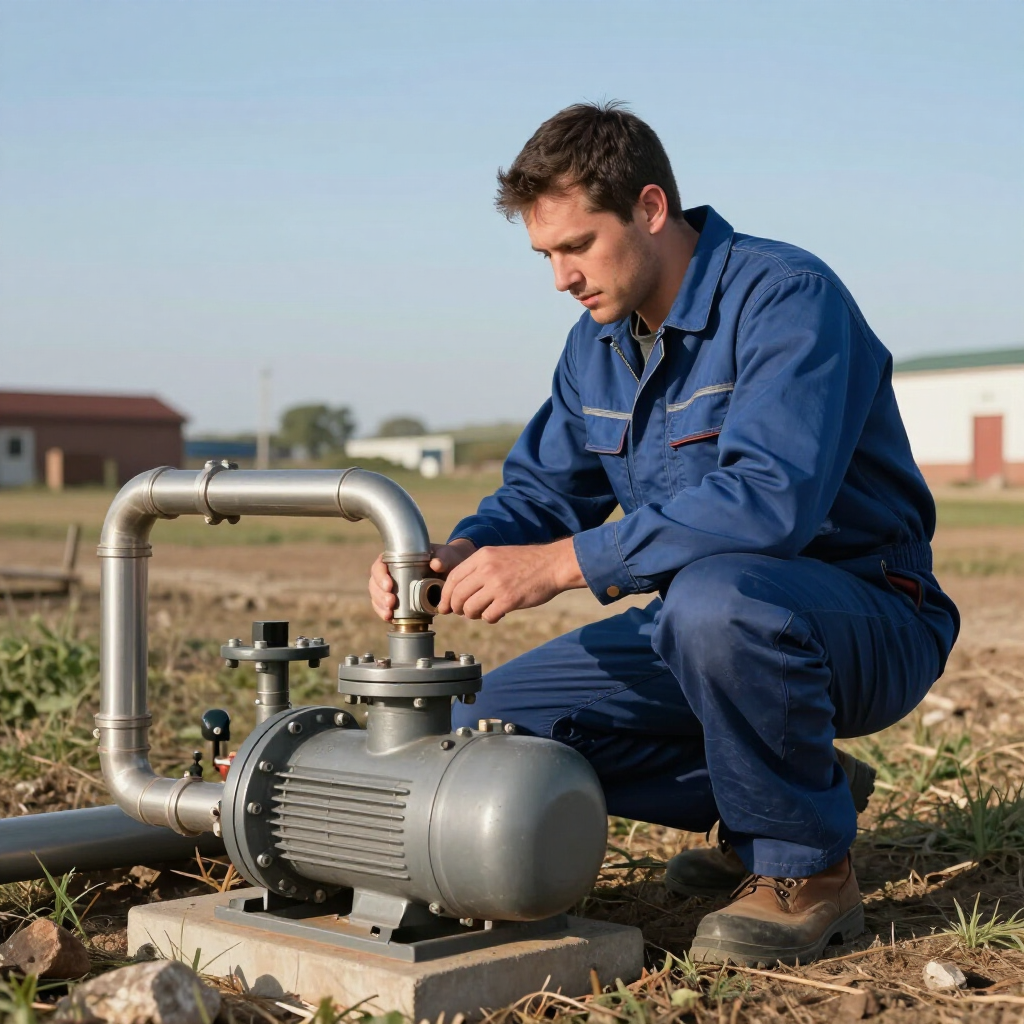 well pump services by a gainesville plumbing plumber in a blue uniform outside of a commercial business in a field