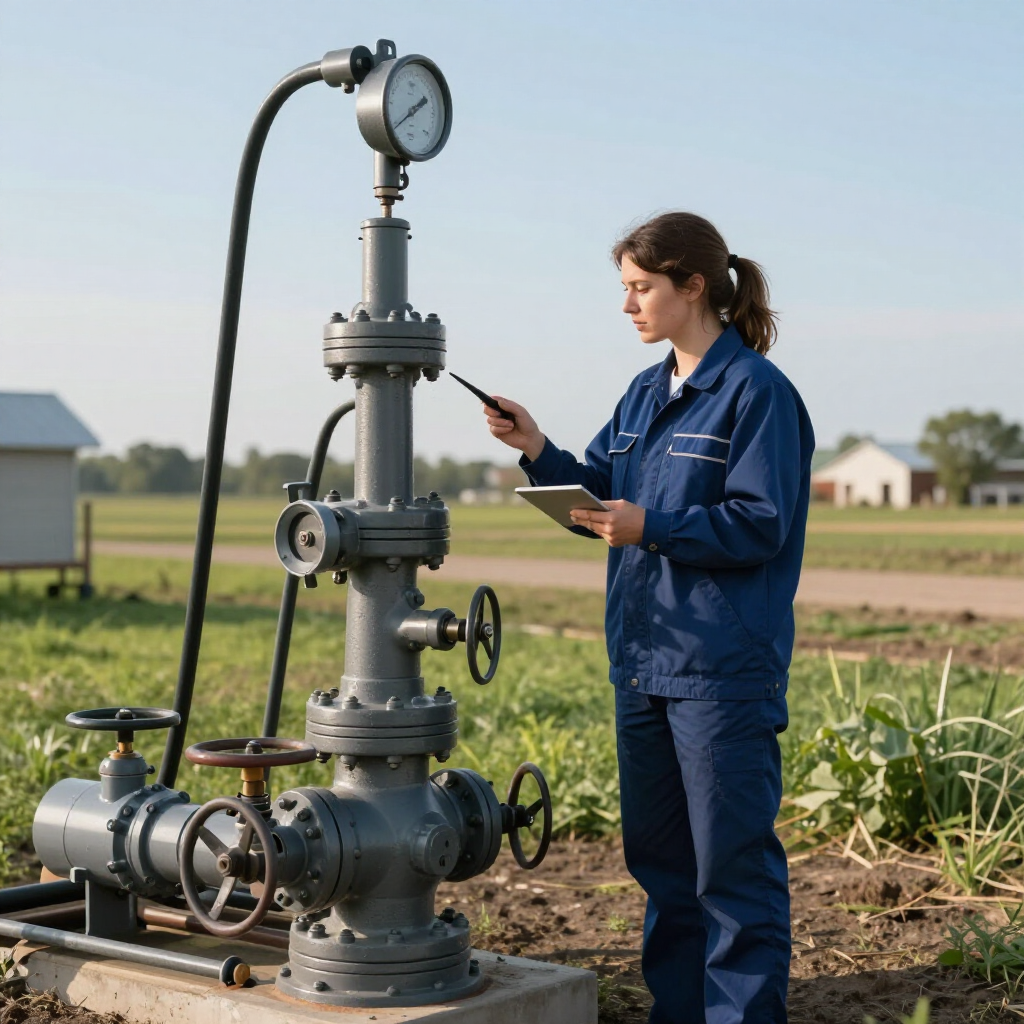 gainesville plumbing female plumber standing outside of well pump in north georgia in blue shirt with field in the background