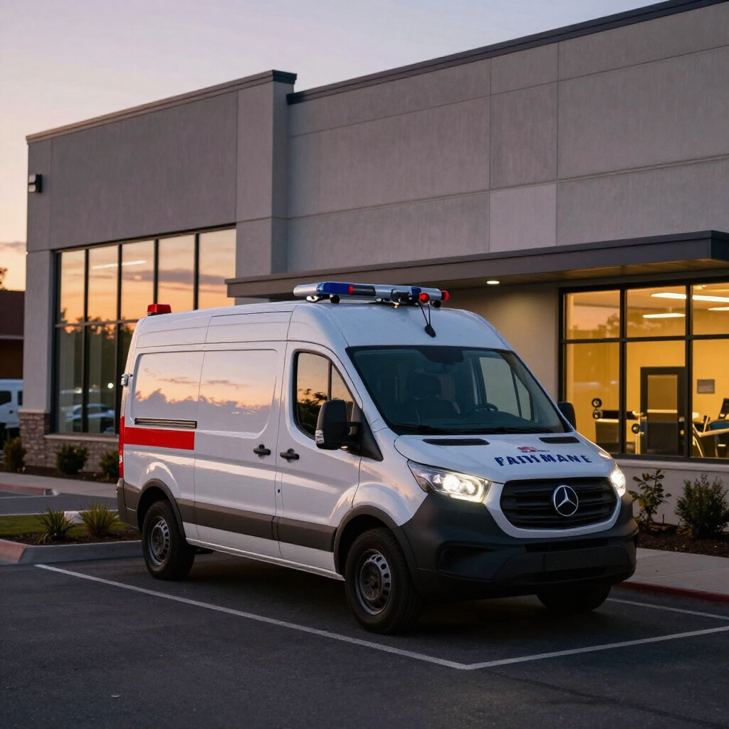 well pump service that was performed by gainesville plumber. van outside of building at dusk where the well pump service was