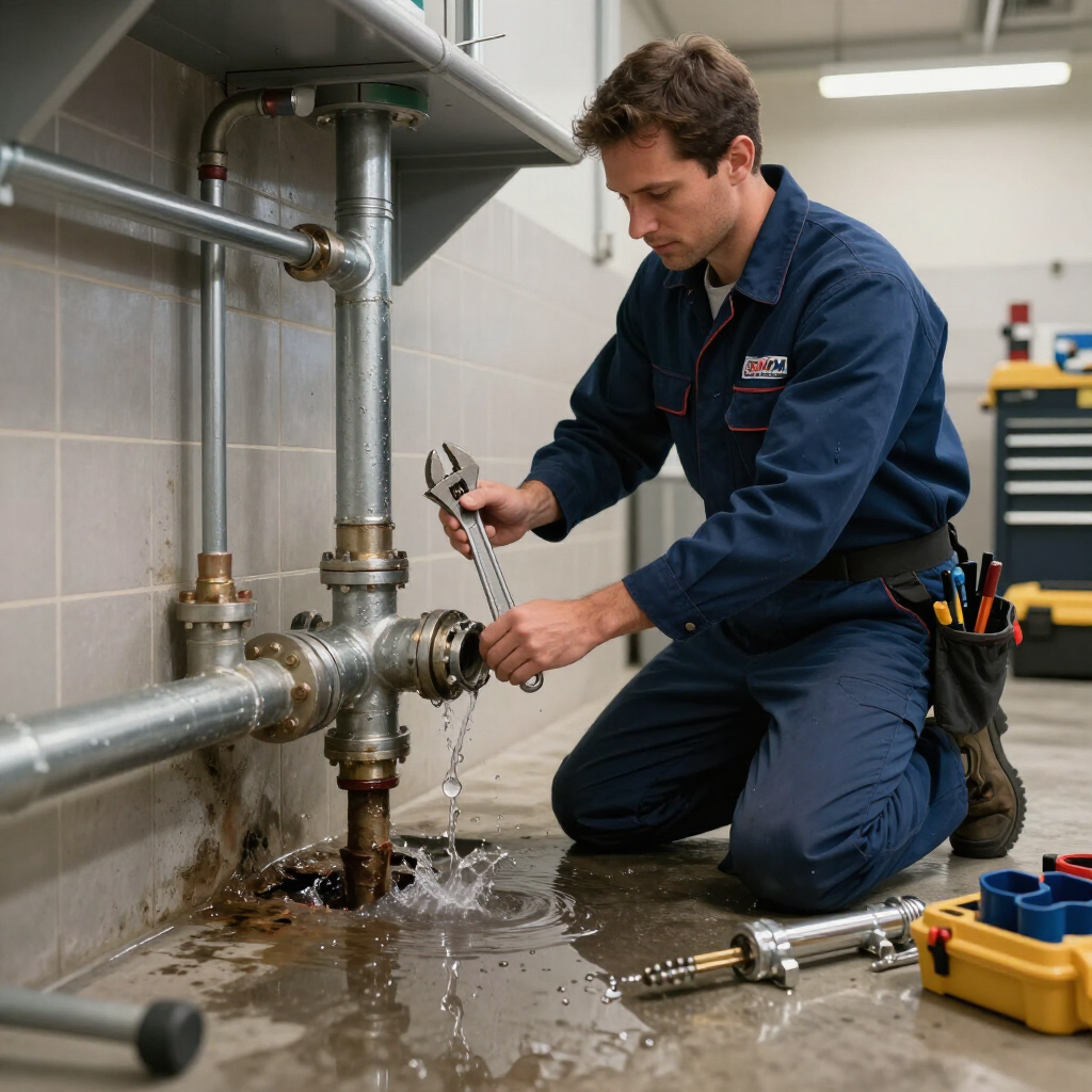 commercial kitchen plumbing pipes being diagnosed and repaired by a gainesville plumbing plumber in a blue uniform