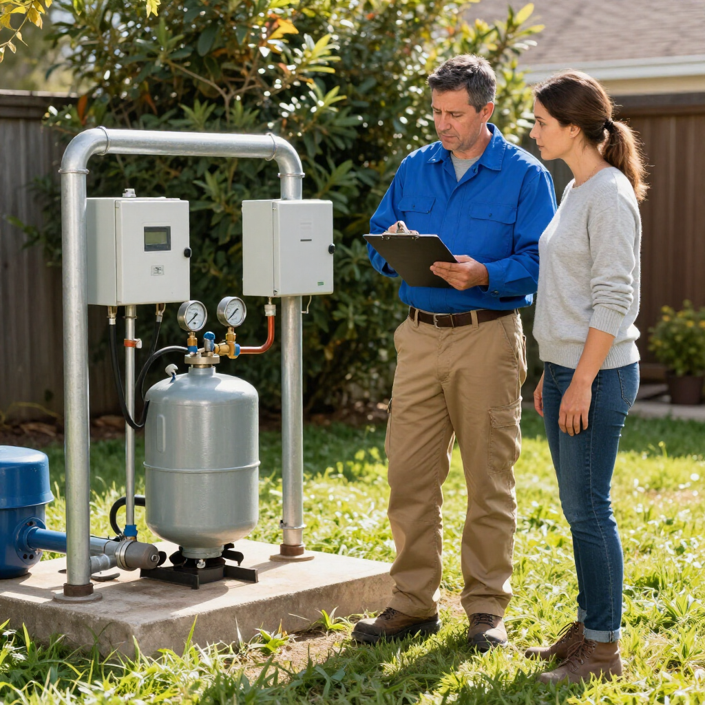 gainesville plumbing plumber talking to a female customer outside about her well pump diagnostic and repair
