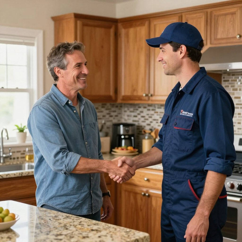 residential plumbing by a gainesville plumbing technician in a blue uniform talking to a homeowner about the plumbing repairs