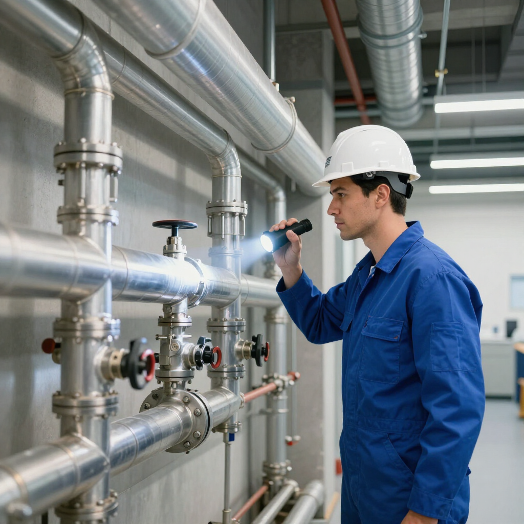 commercial business pipes in factory being diagnosed and viewed with a flashlight by a gainesville plumbing technician
