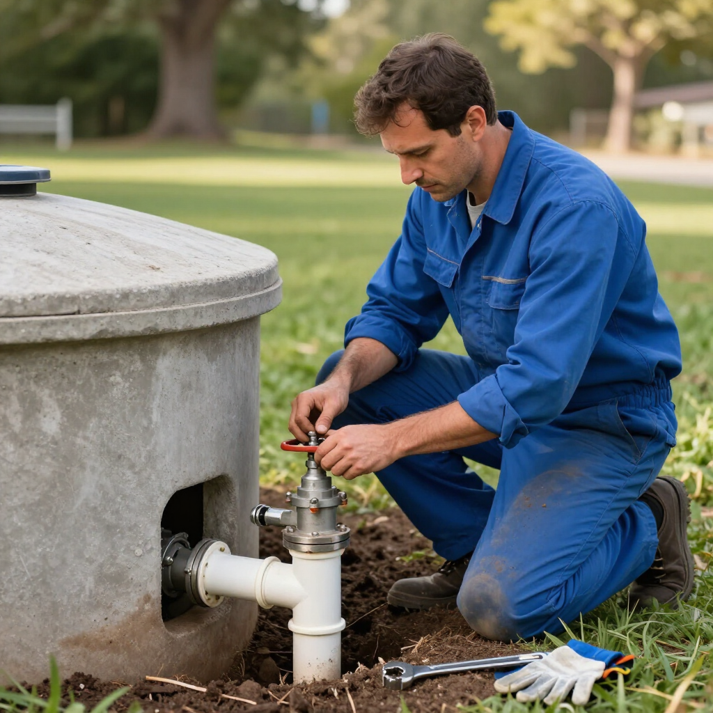 septic pump bieng services outdoor by a gainesville plumbing local plumber in a blue shirt and khaki pants