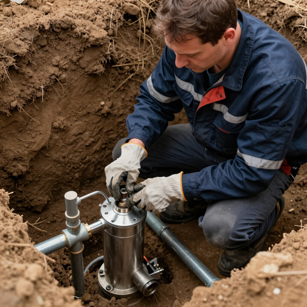 septic pump services from gainesville plumbing in gainesville ga with plumber working in a dug up septic pump to repair it
