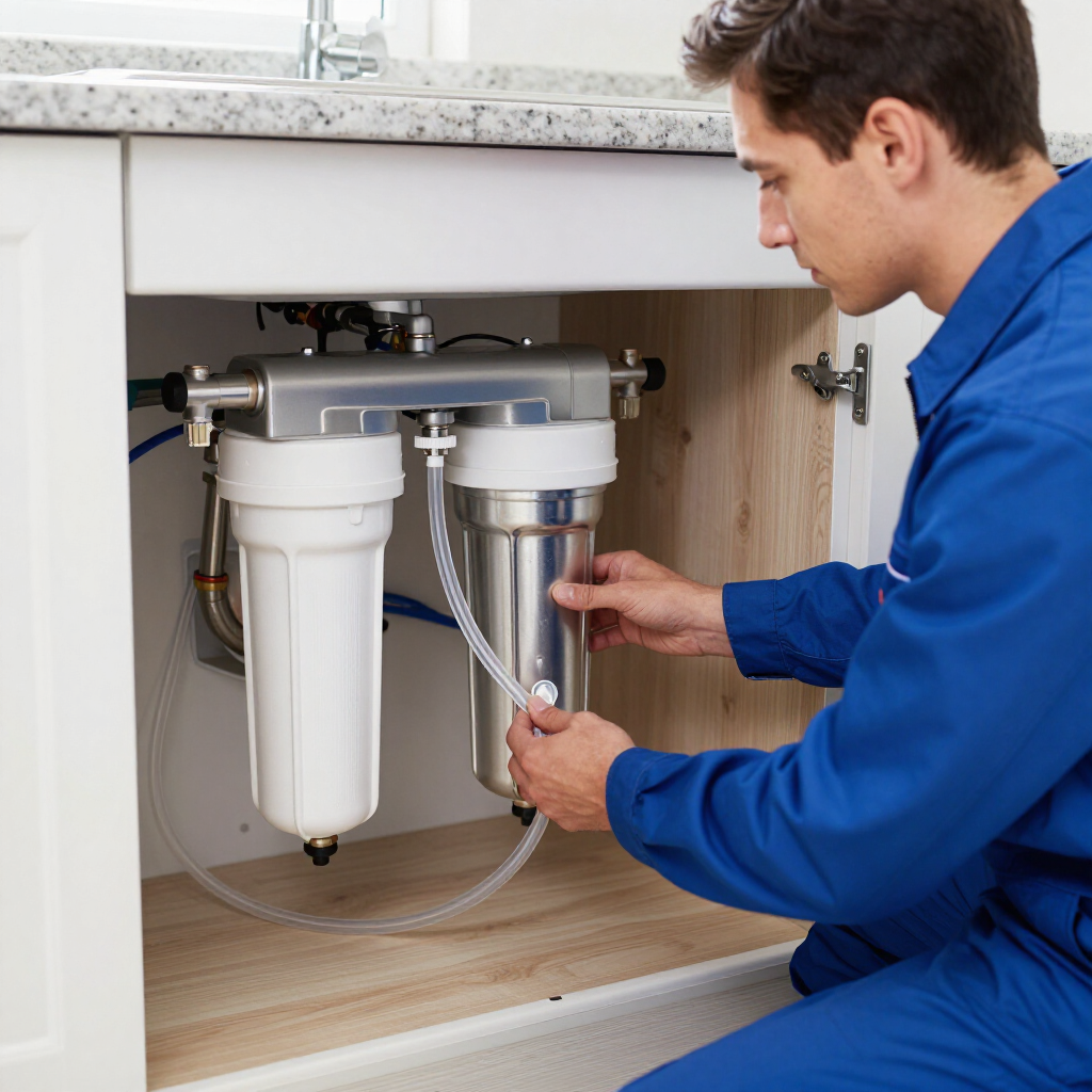 residential plumbing whole home water filter installation by a gainesville plumbing technician in a blue uniform