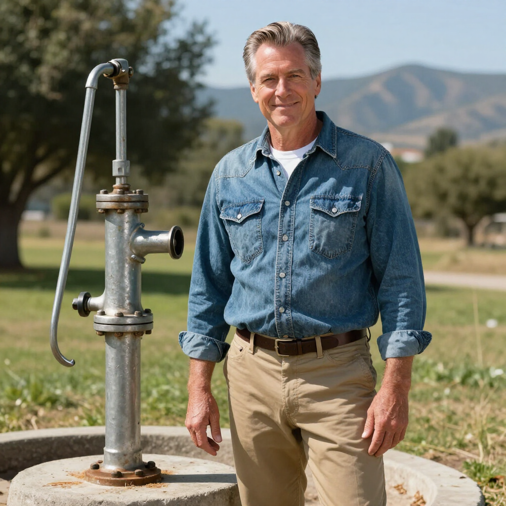 gainesville plumbing plumber standing outside of a well pump in north georgia in blue shirt with mountains in the background