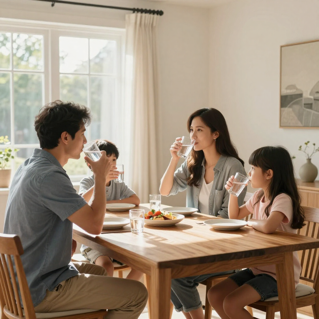 family sitting around a table drinking fresh water after having a whole home water filter system installed in gainesville ga