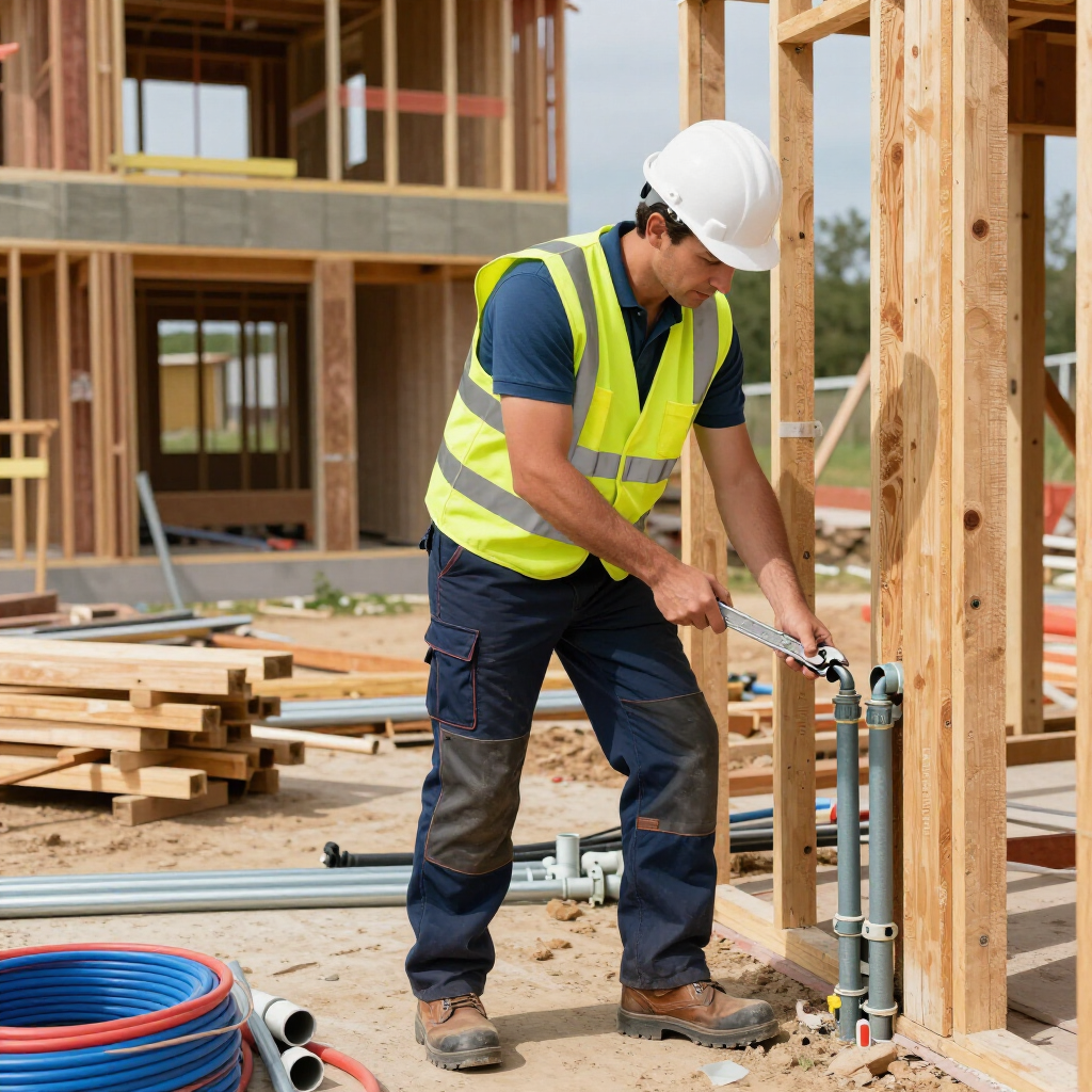 new construction plumbing being performed by a gainesville plumbing master plumber in a safety vest and hard hat at a house