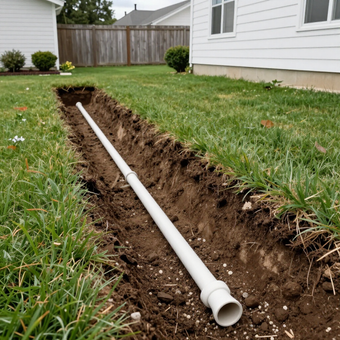 outdoor white pipe in the ground in dirt next to grass for a repiping job at a house in gainesville ga