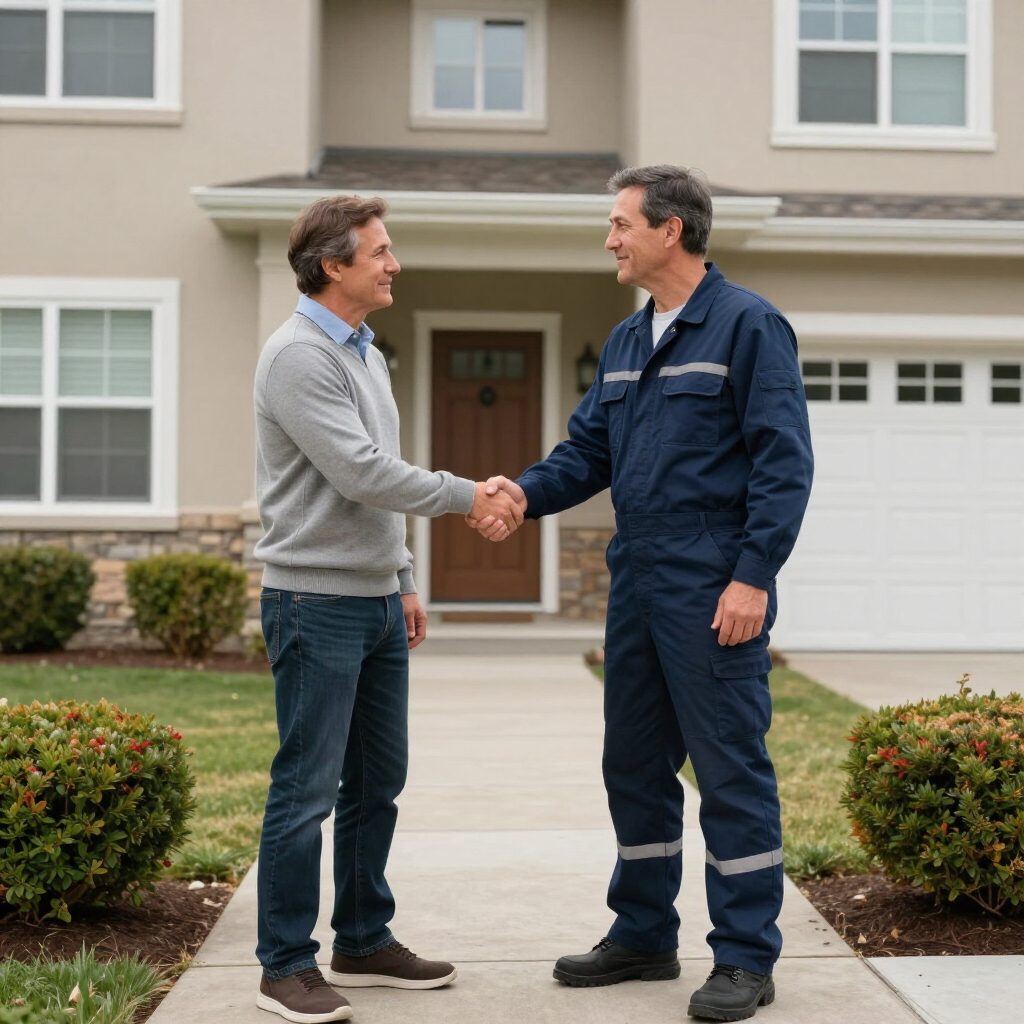 septic pump service customer shaking hands with a gainesville plumbing plumber after septic pumping service outside of house