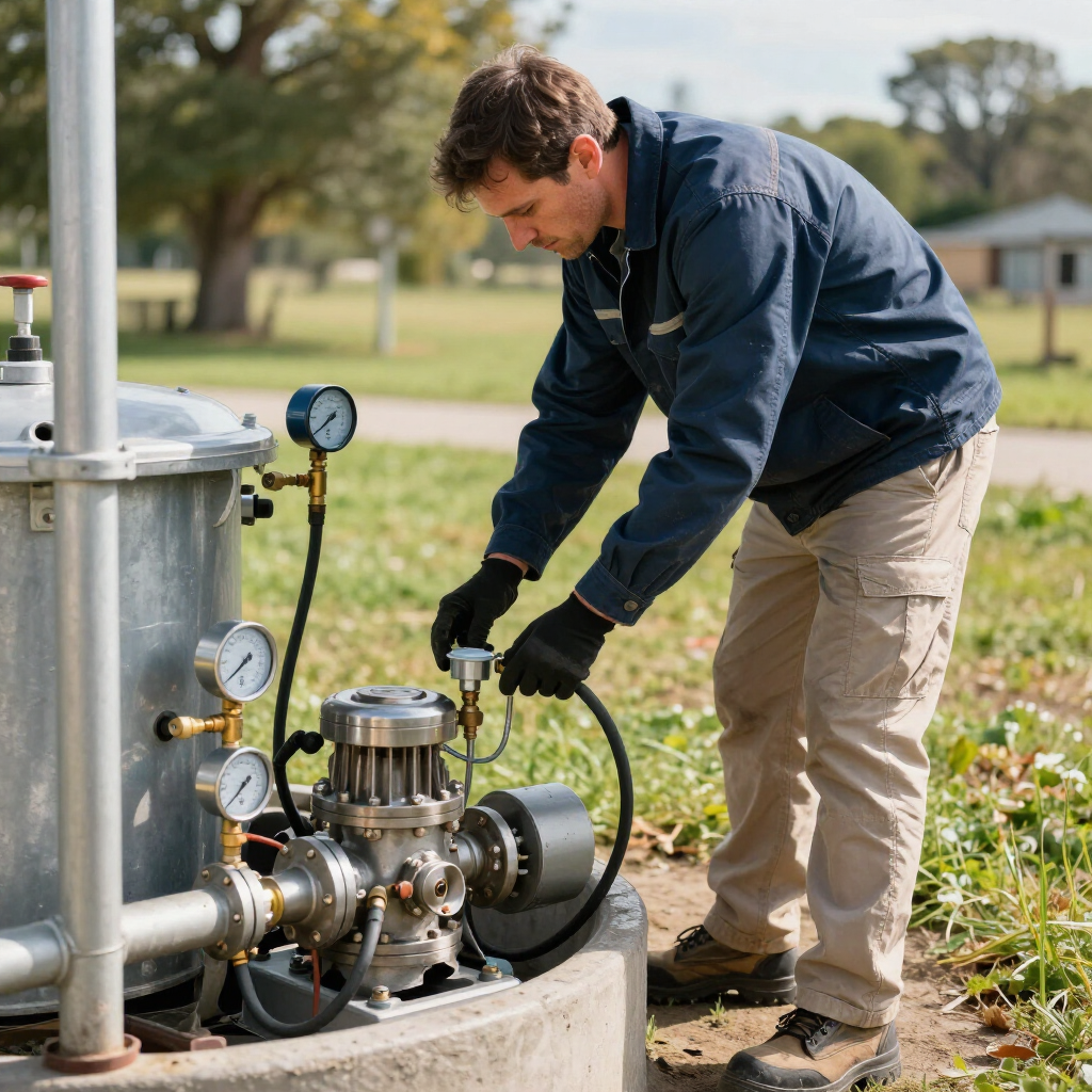 gainesville plumbing plumber diagnosing outdoor septic tank issue at a customers residence in a blue uniform