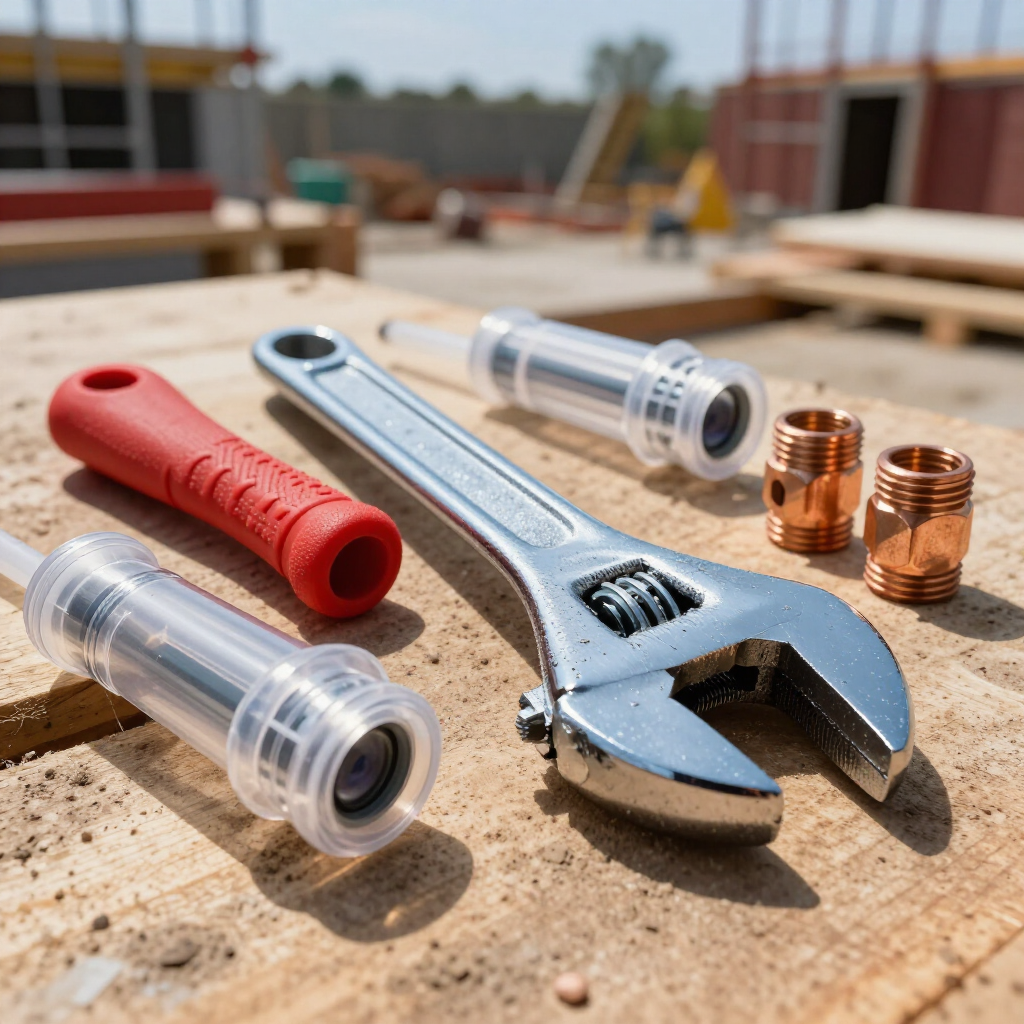 new construction plumbing tools with red and silver tools laid out on a construction site