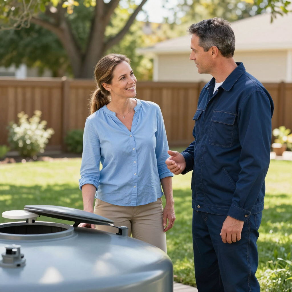 gainesville plumbing service plumber tlaking to customer outside of her house after quoting a septic tank flush service