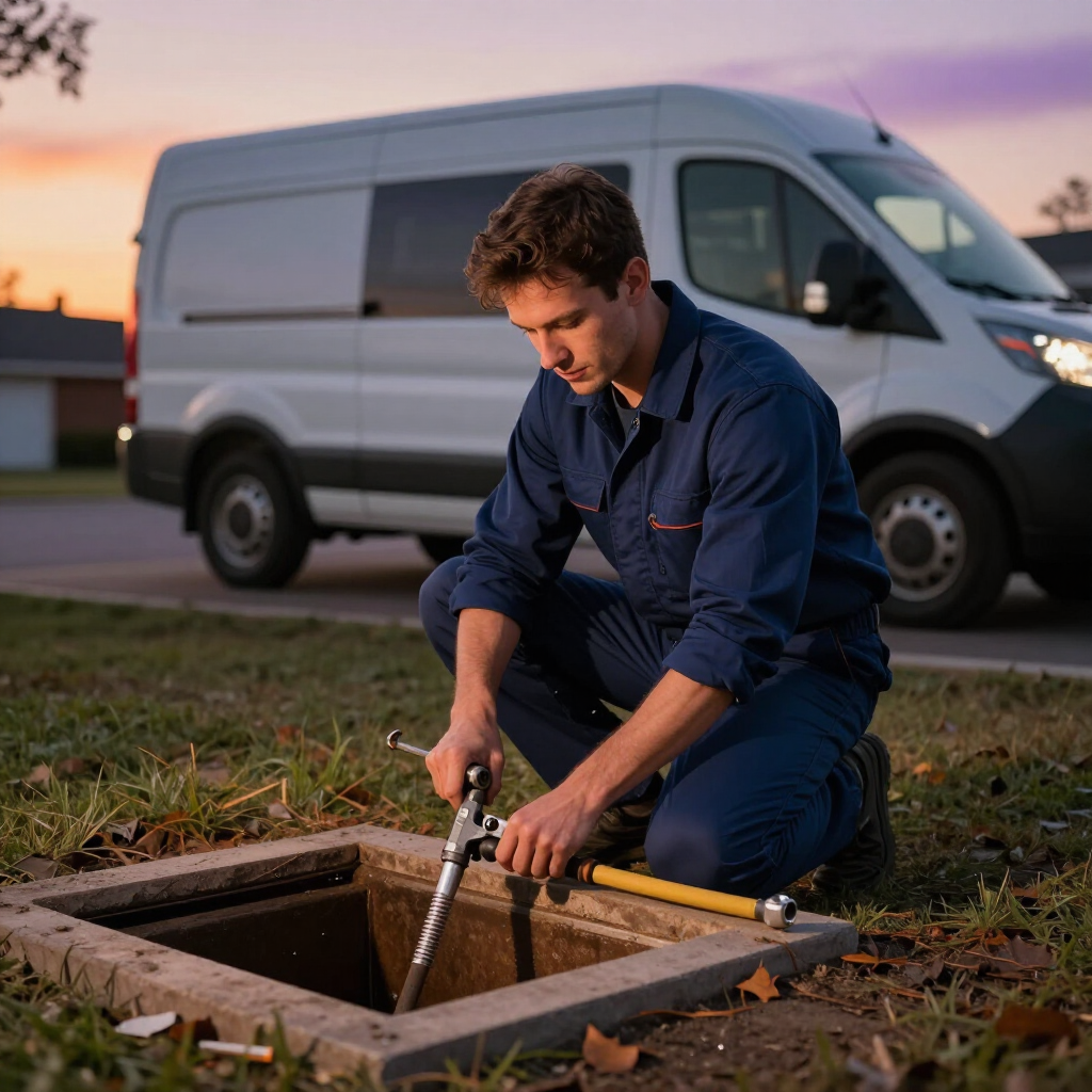 gainesville plumbing service tech plumber outside of customers house at sunset after pumping septic tank