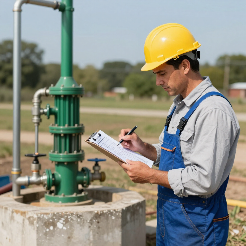 gainesville plumbing plumber wearing a uniform overalls and a yellow hard hat standing outside of well pump with a clipboard