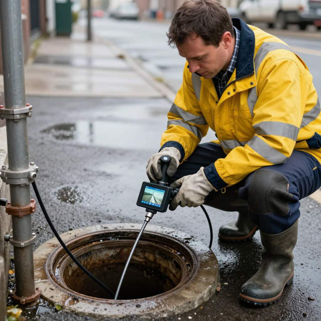 plumber in a yellow and silver safety rain coat working on the sewage plumbing in the rain