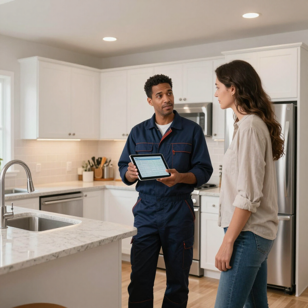 gainesville plumbing plumber sharing the results of a plumbing diagnostic report at a customers residence in a blue uniform
