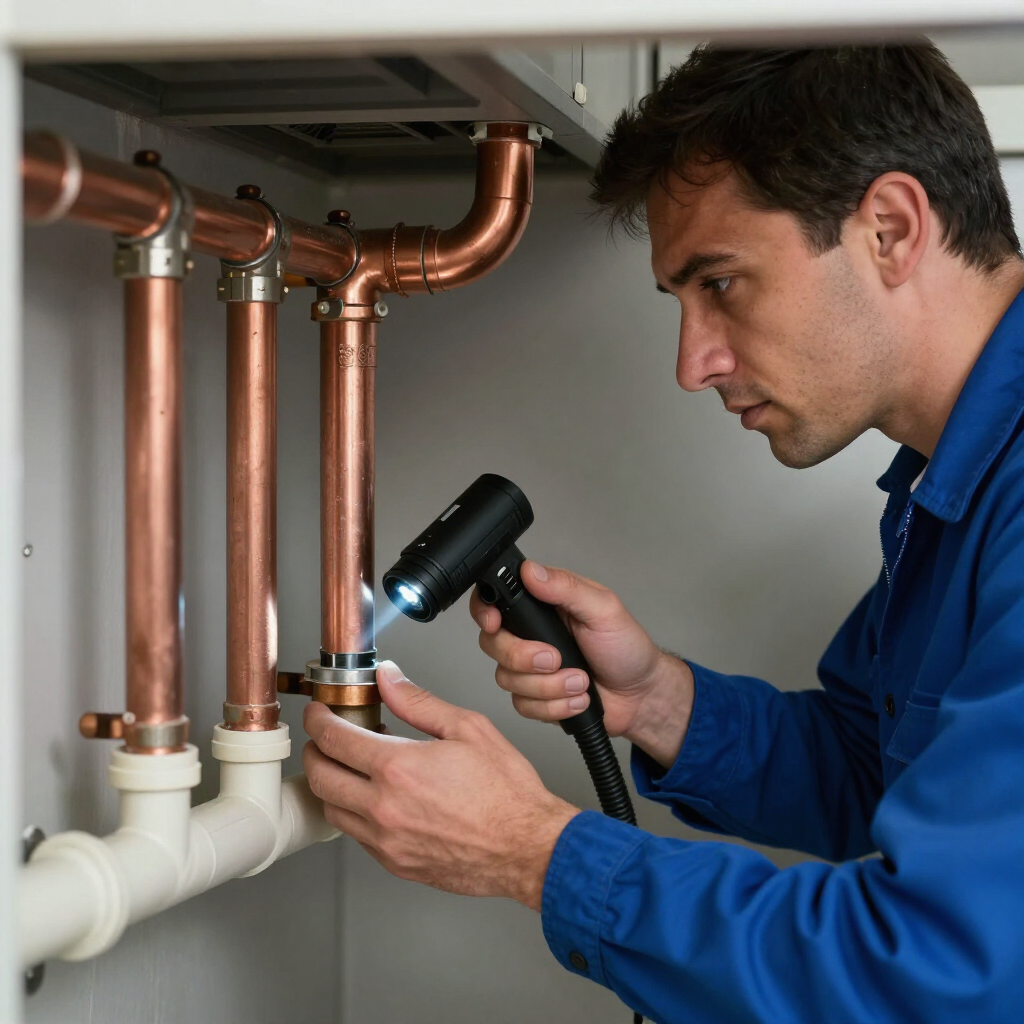 gainesville plumbing plumber working on the copper pipes of a business' plumbing using flashlight to diagnose plumbing issue