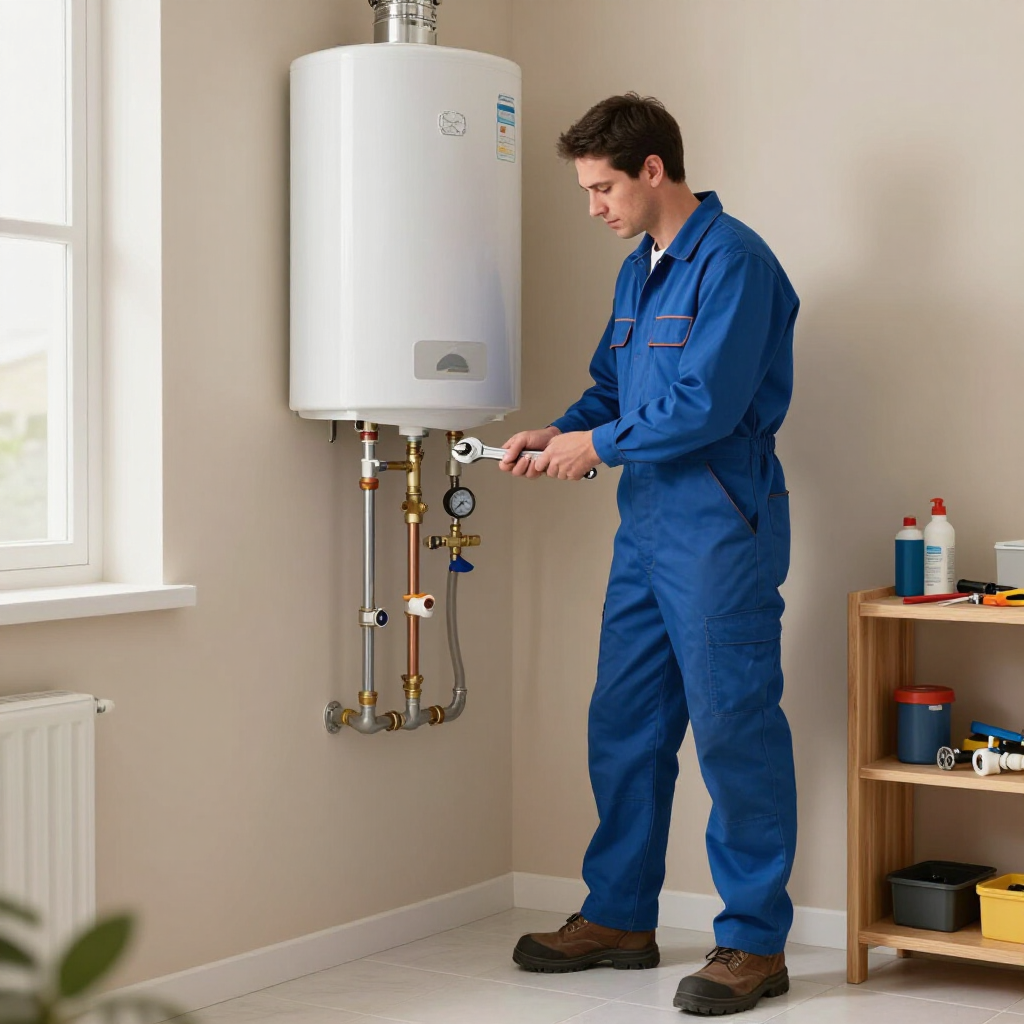 gainesville plumbing plumber diagnosing and repairing indoor water heater issue at a customers residence in a blue uniform
