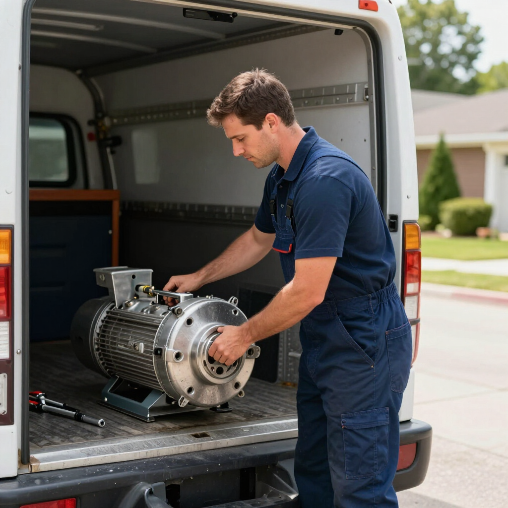 gainesville plumbing technician at a residential property working on a well pump part in the back of a work van