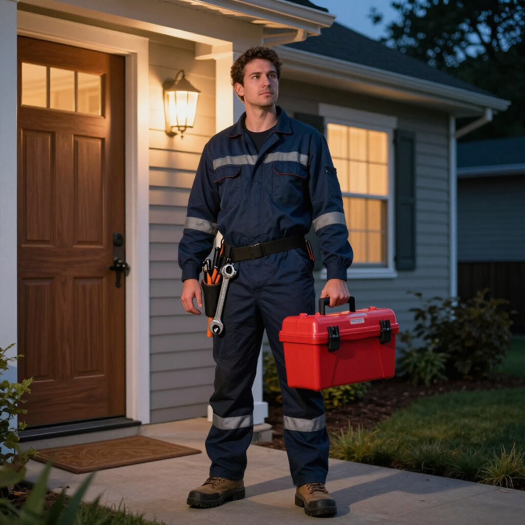 after hours residential plumbing repair by a gainesville plumbing technician in a dark blue uniform leaving a customers house