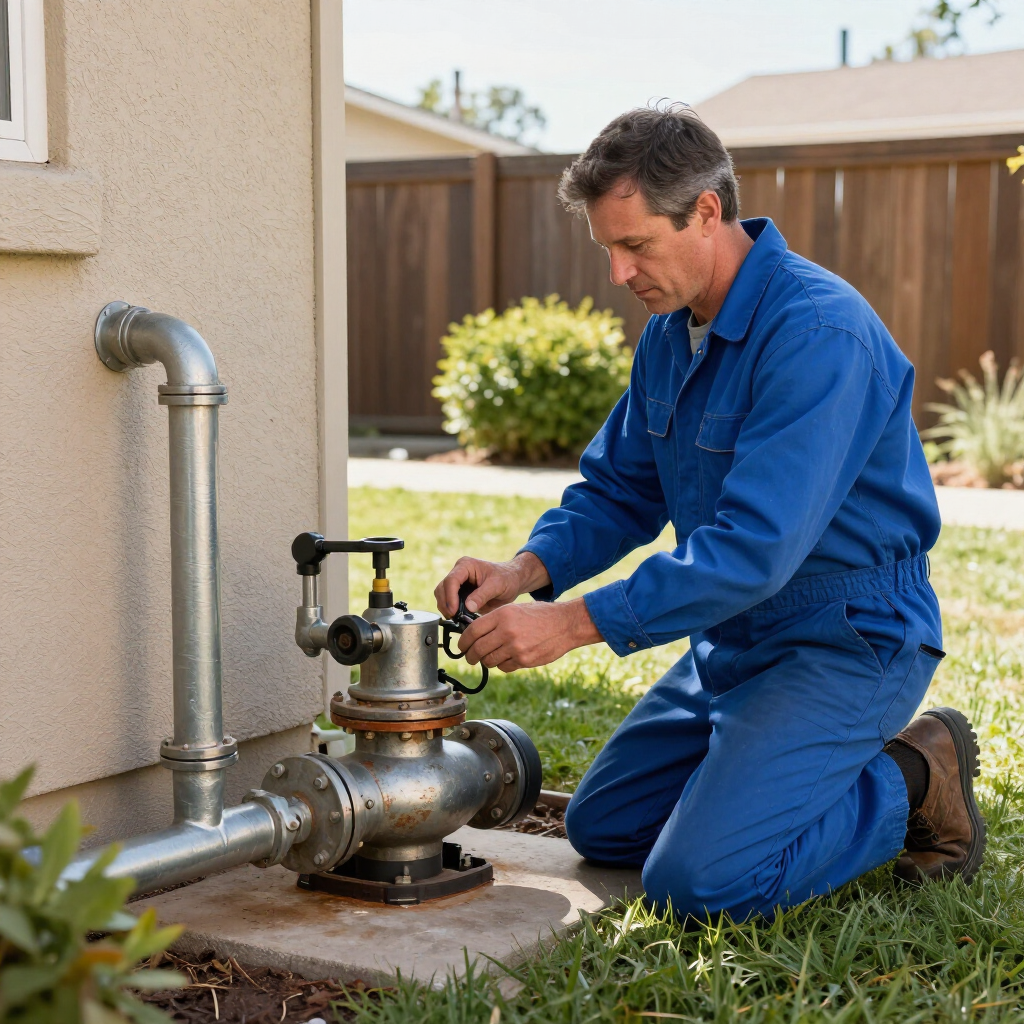plumber working outside of a home in hall ocunty in a blue uniform on a residential well system needing serviced by a plumber