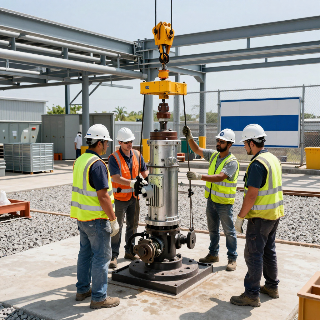 commercial well pump services with four construction workers standing around a well pump that work for gainesville plumbing