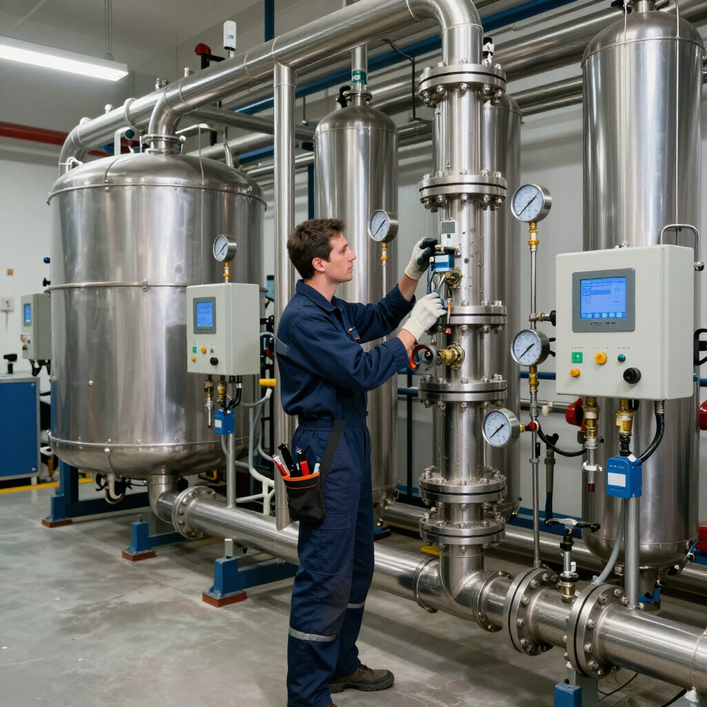 commercial plumber repairing a factory's silver pipes in a blue uniform