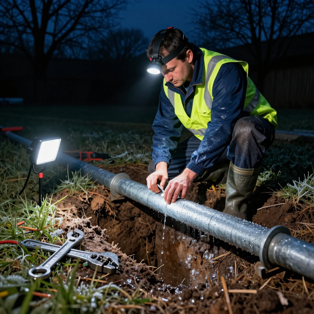 gainesville plumbing plumber diagnosing and repairing outdoor pipe issue at a customers residence in a blue uniform at night