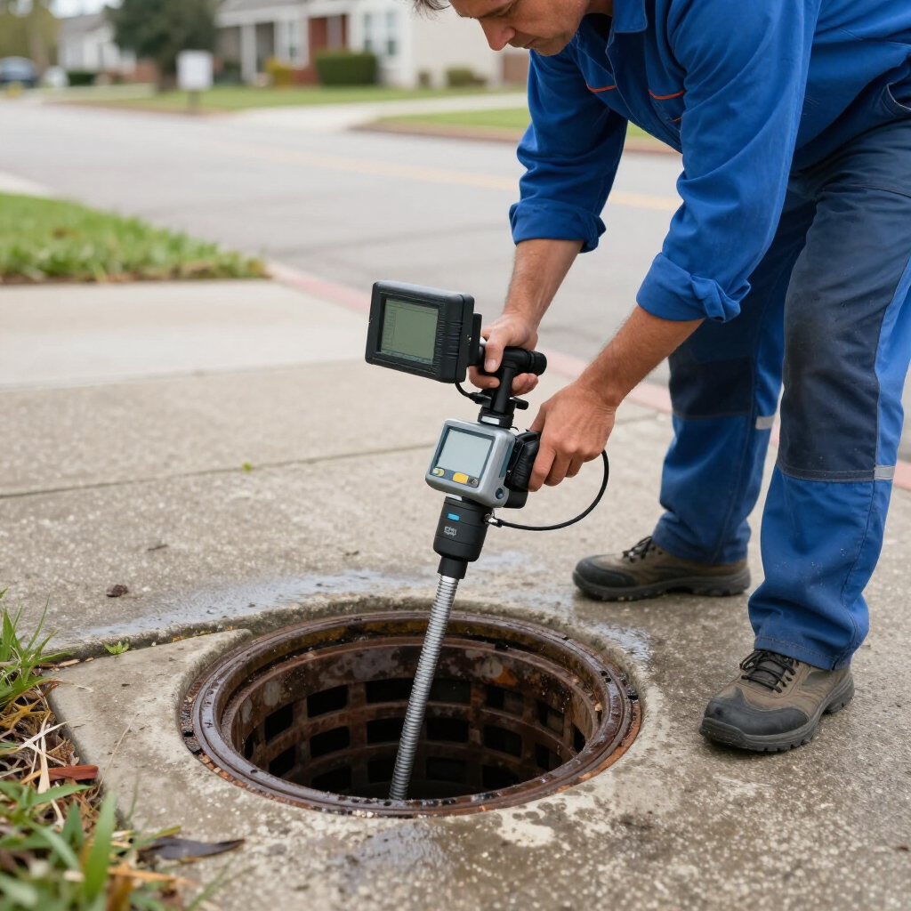 gainesville plumbing plumber diagnosing outdoor pipe leak issue at a customers residence in a blue uniform