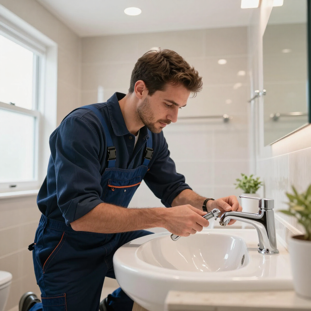 gainesville plumbing plumber diagnosing bathroom sink issue to repair it in a bright, white bathroom with a mirror and window
