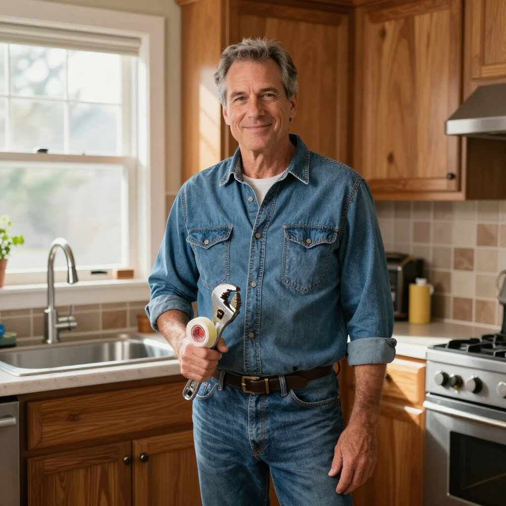 plumber in kitchen with wooden cabinets and holding tools to repair a kitchen sink in North Georgia