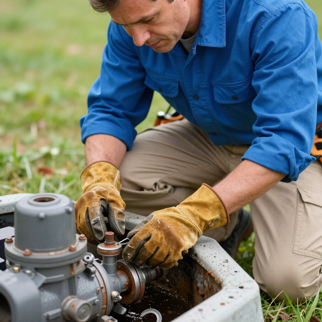 septic pump bieng services outdoor by a gainesville plumbing local plumber in a blue shirt and khaki pants