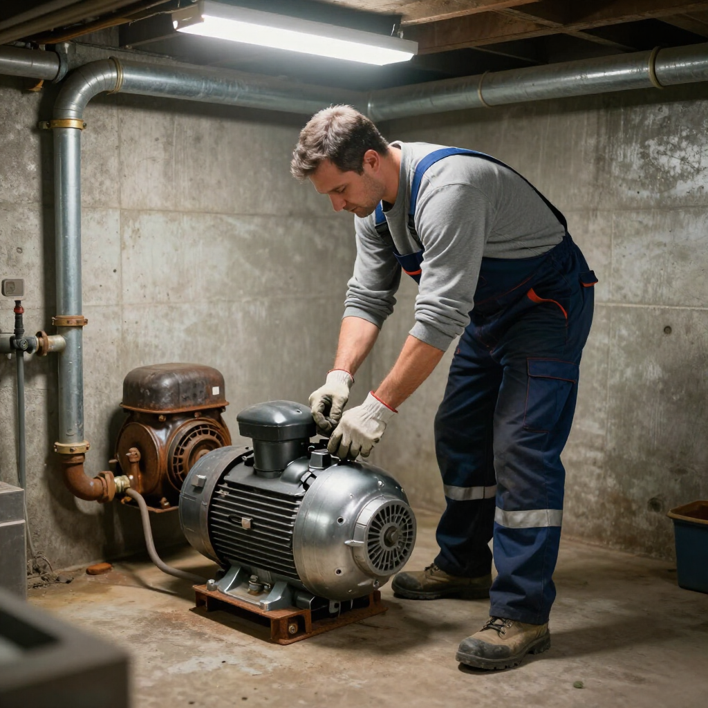 plumber in a basement working on pipe related to a well pump in a customer's basement