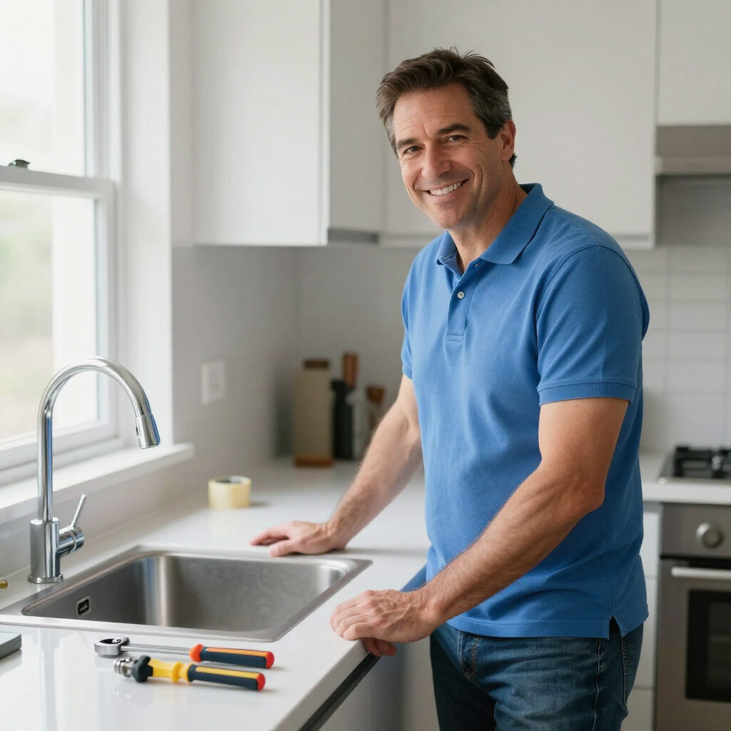 hydro jetting service offered by gainesville plumbing plumbing in a blue shirt standing in front of a customers repaired sink