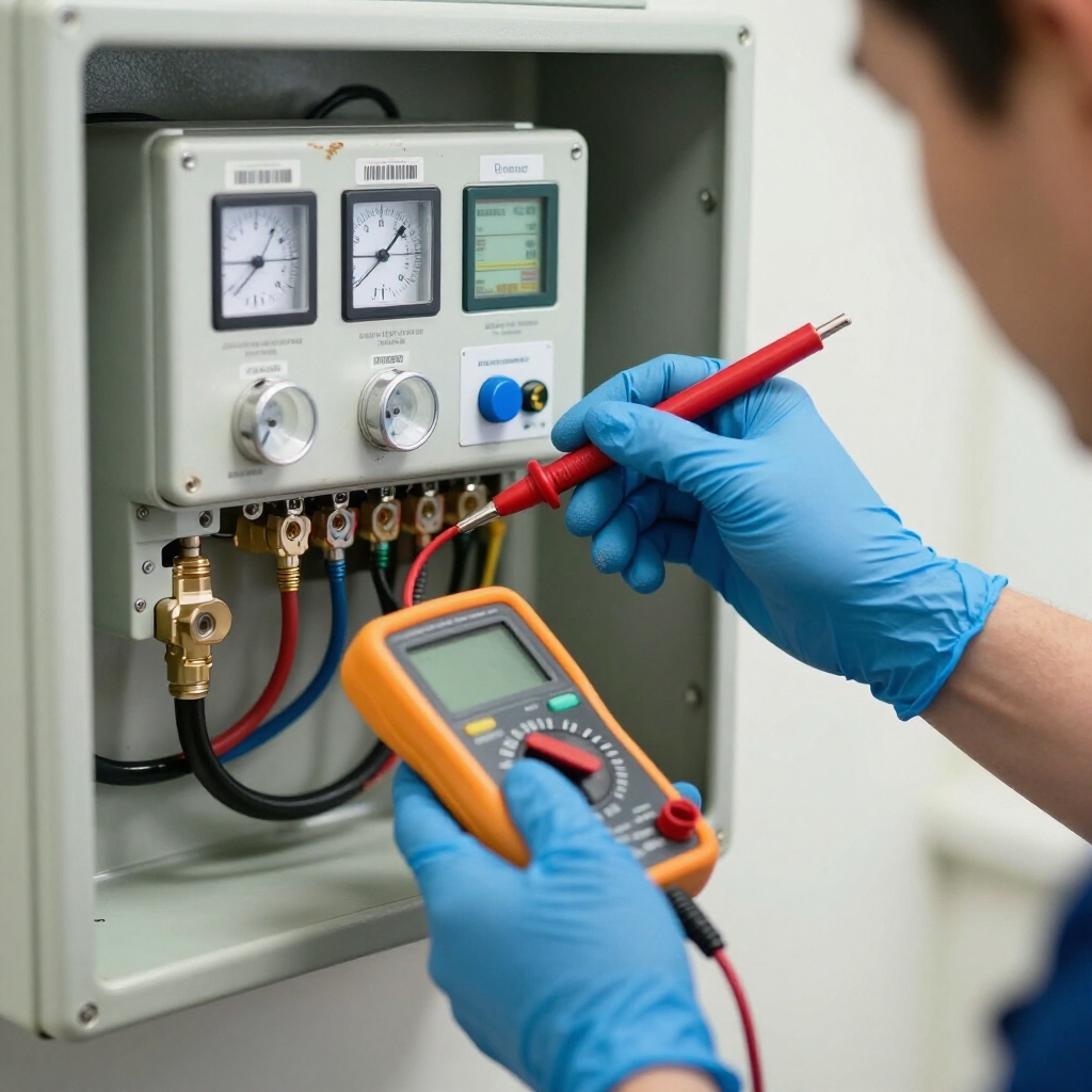 well pump meters being serviced by a gainesville plumbing plumber wearing gloves